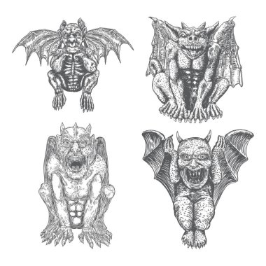 Bir dizi mitolojik antik yaratık, yarasa kanatları ve boynuzları olan bir kimera gibi insanlar ve ejderha. Sivri dişleri ve pençeleri olan efsanevi gargouille. Elle çizilmiş bir eskiz. Vektör.