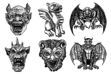 Bir dizi mitolojik antik yaratık, yarasa kanatları ve boynuzları olan bir kimera gibi insanlar ve ejderha. Sivri dişleri ve pençeleri olan efsanevi gargouille. Elle çizilmiş bir eskiz. Vektör.