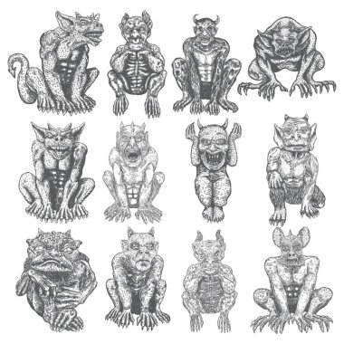 İblis vampirler, canavar gibi insanlar sivri dişli, boynuzlu ve pençeli yaratıklar. Agresif bir pozisyonda oturuyorlar. Mistik ve okült el oymalı şeytan vektörü.