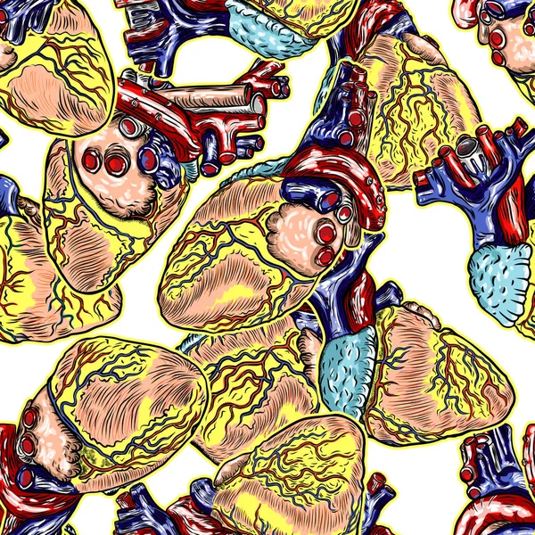 Безшовний Візерунок Анатомічного Ескізу Людського Серця Ізольовано Фоні Ручний Намальований — стоковий вектор