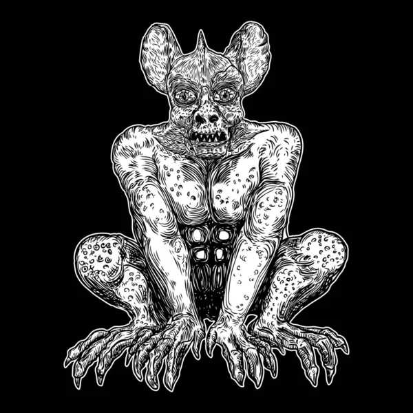 Демон Человек Чудовищная Химера Рогами Клыков Когтями Мистический Оккультный Гравированный — стоковый вектор
