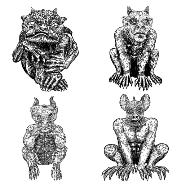 Demonen Menselijke Monsters Chimera Met Hoektanden Hoorns Klauwen Mystieke Occulte — Stockvector