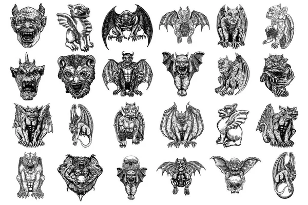 Set Mythological Ancient Creatures Animals Bat Wings Horns Mythical Gargoyle — Stock Vector