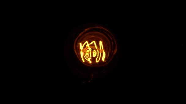 黒の背景にタングステン電球ランプ。トップからの眺めは、暗闇の中でヴィンテージエジソン電球の詳細を明らかにします。ホラー映画のコンセプト. — ストック動画