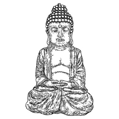 Oturan Buda nilüfer çiçeği pozu ve meditasyon yapıyor. Esrarengiz çizimler. Hint ruhani öğretmeni, Budizm dini lideri. Yoga zen kulüp tasarımı. Purnima ve Mutlu Vesak Günü örnekleme unsurları. Vektör.