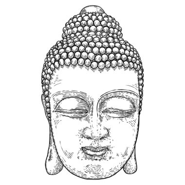 Buda kafası çizimi. Hinduizm ve Budizm maneviyat ve aydınlanma. Buda portresi, Hint ruhani öğretmeni ve dini lider. Purnima ve Mutlu Vesak Günü örnekleme unsurları. Vektör. 