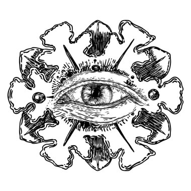 Hepsi dekoratif arka plandaki kutsal geometride gözü ya da Tanrı 'nın Gözü' nü görüyor. Eski mistik mason sembolü. El yapımı simya, din ve ruhani okültizm. Komplo teorisi vektörü.