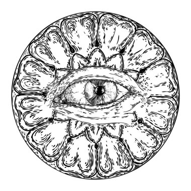 Hepsi dekoratif arka plandaki kutsal geometride gözü ya da Tanrı 'nın Gözü' nü görüyor. Eski mistik mason sembolü. El yapımı simya, din ve ruhani okültizm. Komplo teorisi vektörü.