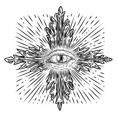 Hepsi dekoratif arka plandaki kutsal geometride gözü ya da Tanrı 'nın Gözü' nü görüyor. Eski mistik mason sembolü. El yapımı simya, din ve ruhani okültizm. Komplo teorisi vektörü.