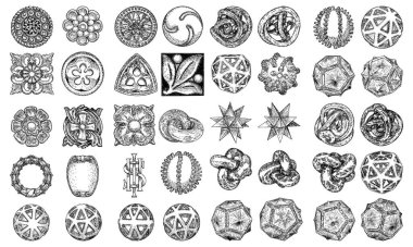 Büyük bir barok seti, eski tip çiçek tasarım elementleri ve diğer dini veya mistik çizimler. Geometrik yıldız, kristaller, pentagram ve haç. Dini çember sembolü. Vektör.
