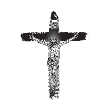 Çarmıha gerilmiş İsa. Gerçek mürekkep fırçasıyla elle boyanmış, grunge Christian Cross Sketch. Vektör.