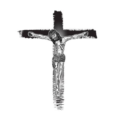 Çarmıha gerilmiş İsa. Gerçek mürekkep fırçasıyla elle boyanmış, grunge Christian Cross Sketch. Vektör.