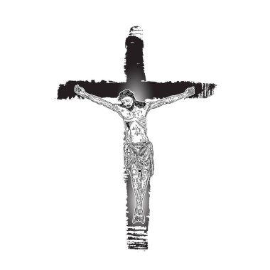 Çarmıha gerilmiş İsa mürekkep fırçasıyla boyanmış. Golgotha Dağı 'ndan İsa Mesih' in oğlu. El çizimi bir resim. Vektör. 