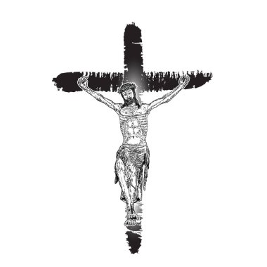 Çarmıha gerilmiş İsa mürekkep fırçasıyla boyanmış. Golgotha Dağı 'ndan İsa Mesih' in oğlu. El çizimi bir resim. Vektör. 