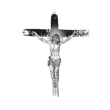 Çarmıha gerilmiş İsa. Gerçek mürekkep fırçasıyla elle boyanmış, grunge Christian Cross Sketch. Vektör.