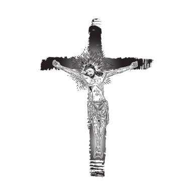 Çarmıha gerilmiş İsa. Gerçek mürekkep fırçasıyla elle boyanmış, grunge Christian Cross Sketch. Vektör.