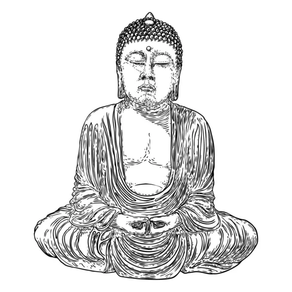 Boeddha Zittend Lotushouding Mediterend Esoterische Tekening Indiase Geestelijk Leraar Boeddhisme — Stockvector