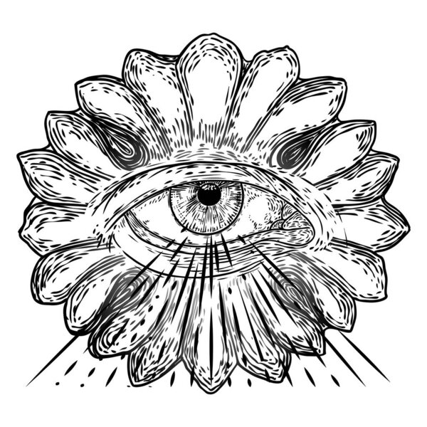 Hand drawn eye iris as element of All seeing eye of providence variation in decorative circle.  Black work tattoo flash of Masonic symbol design. Sacred religion, spirituality and occultism. Vector.