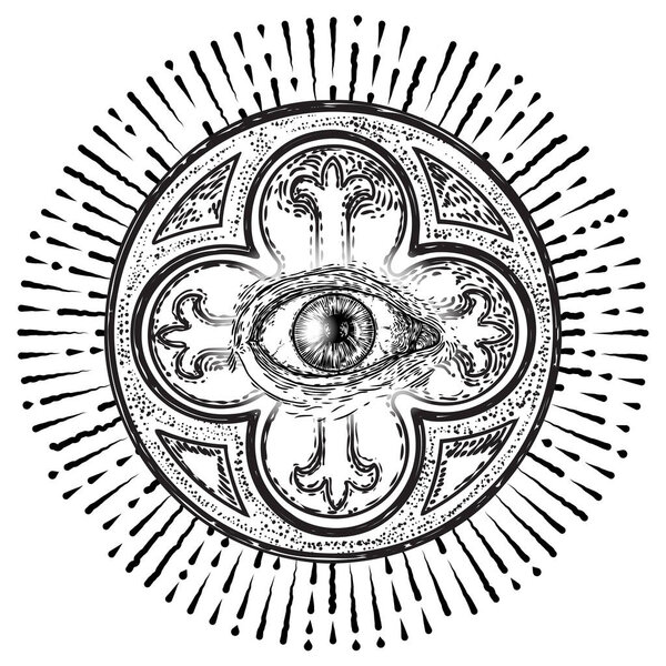 All seeing eye or Eye of Providence on decorative background sacred geometry. Ancient mystical sacral Masonic symbol. Hand drawn alchemy, religion and spiritual occultism. Conspiracy theory vector.