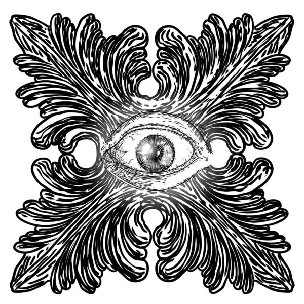 All seeing eye symbol element variation. Alchemy, religion, spirituality and occultism tattoo ink art. Vision of providence and conspiracy theory. Hand drawing in flash tattoo style artwork. Vector.