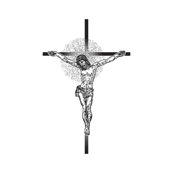 Ježíš Kristus Kříži Paprsky Svatozáře Paprsky Symbol Svatého Křížová Kresba — Stockový vektor
