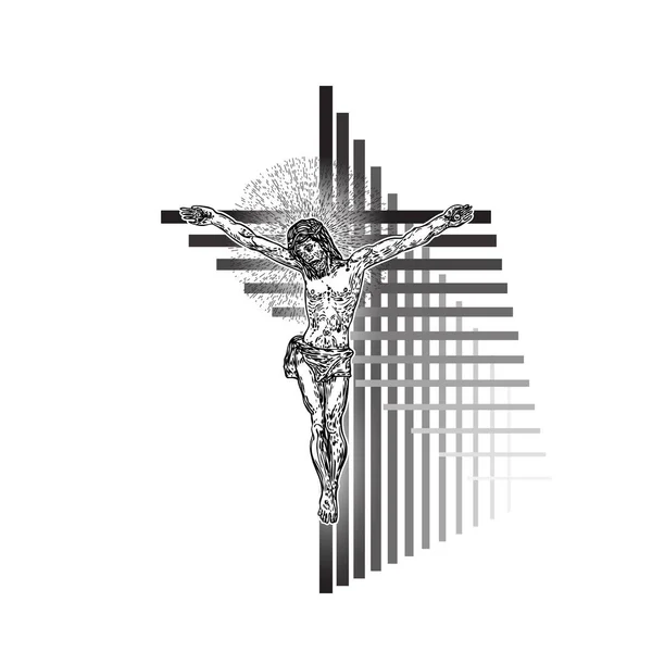 耶稣基督钉在现代几何交叉纹身上 先知的神圣几何极小艺术 新时代基督教祈祷和宗教的象征 — 图库矢量图片