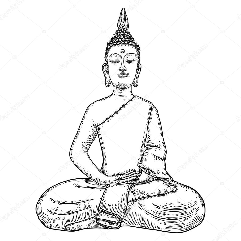 Buddha meditation and portrait. Drawing for Vesak Purnima day, traditional Buddhists holiday for Hindus. The festival of birth, enlightenment, and death of Buddha. Vector.