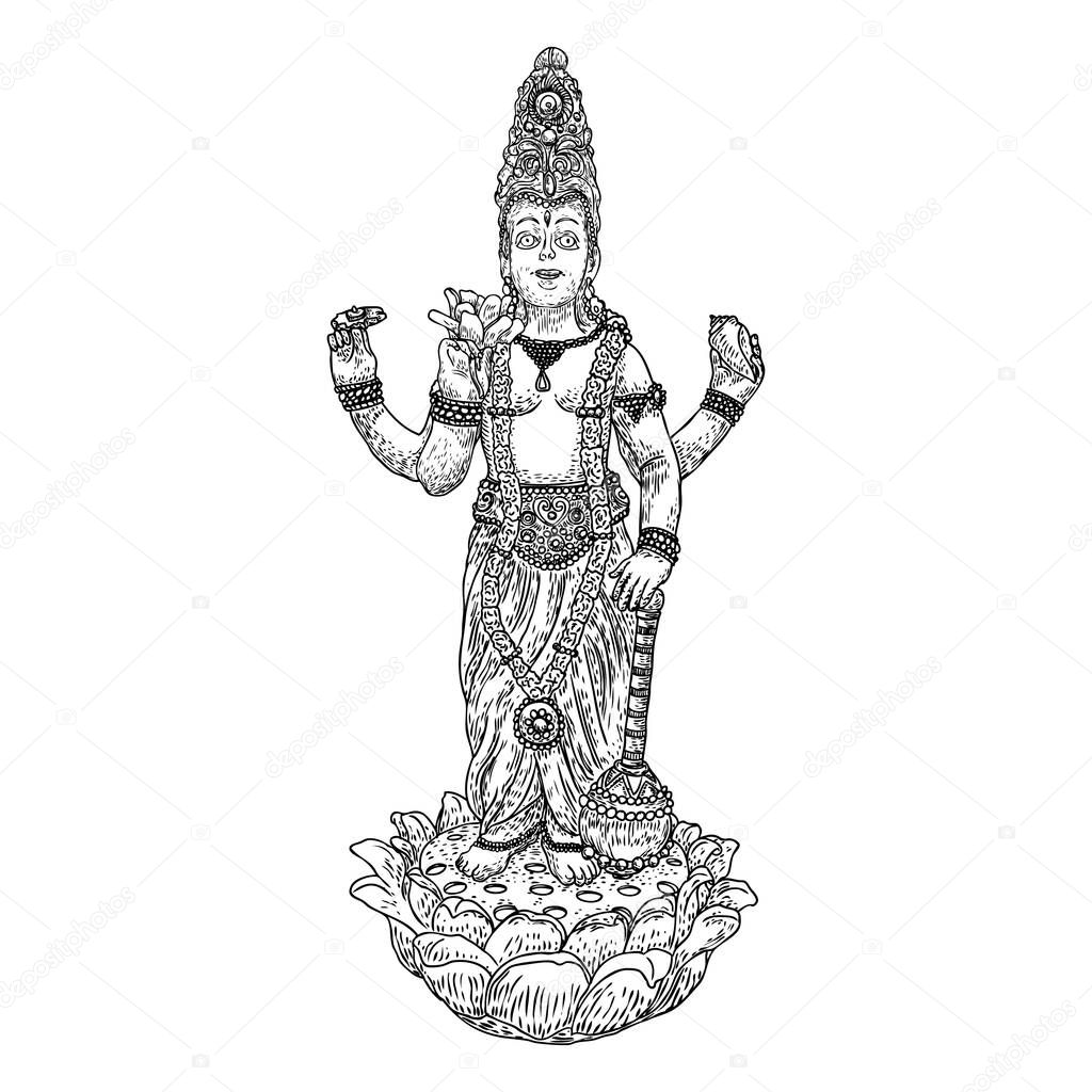 Lord Vishnu standing on lotus giving blessing hand drawn illustration in classic vision. Hindu God.  Vector.