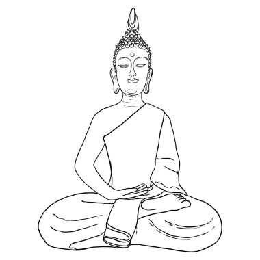 Oturan Buda nilüfer çiçeği pozu ve meditasyon yapıyor. Esrarengiz çizimler. Hint ruhani öğretmeni, Budizm dini lideri. Yoga zen kulüp tasarımı. Purnima ve Mutlu Vesak Günü örnekleme unsurları. Vektör.