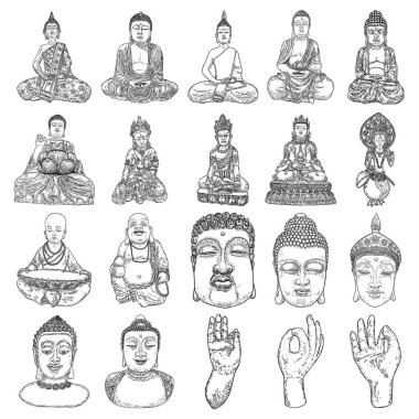 Buda meditasyon seti ve Buda portreleri. Vesak Purnima günü için çizimler, Hindular için geleneksel Budistler bayramı. Doğum festivali, aydınlanma ve Buda 'nın ölümü. Vektör.