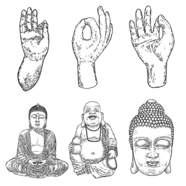 Set Meditación Buda Retratos Buda Dibujos Para Día Vesak Purnima — Vector de stock