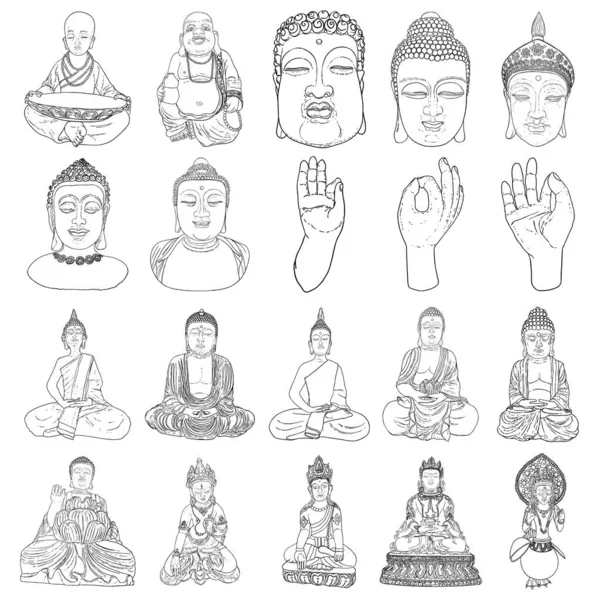 Conjunto Buda Sentado Pose Loto Meditando Retrato Buda Maestro Espiritual — Vector de stock
