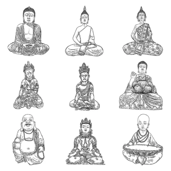 Buddha Meditationsset Und Buddha Porträts Zeichnungen Zum Vesak Purnima Tag — Stockvektor