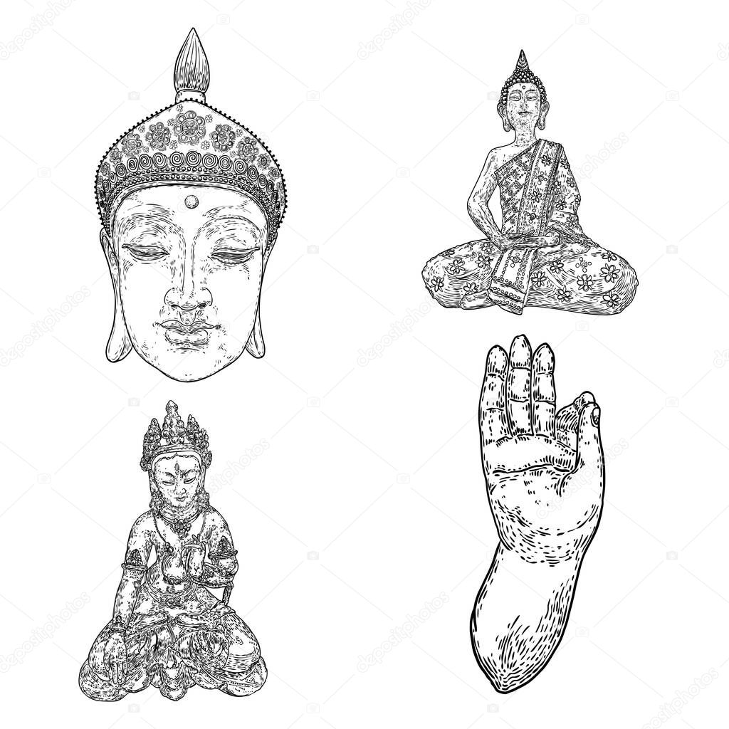 Buddha meditation set and Buddha portraits. Drawings for Vesak Purnima day, traditional Buddhists holiday for Hindus. The festival of birth, enlightenment, and death of Buddha. Vector.