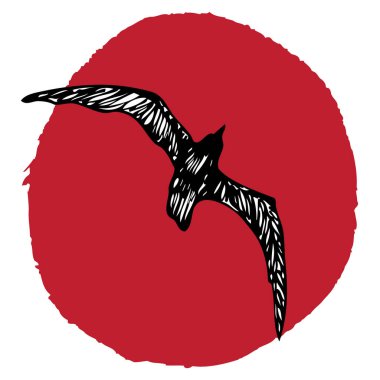 Gün batımında martı kuşuyla okyanus ambleminin minimalist deniz tasarımı. Sahilde gün batımında uçan martı kuşunun silueti. Tropikal egzotik deniz manzarası, yelken turizmi kavramı. Vektör. 