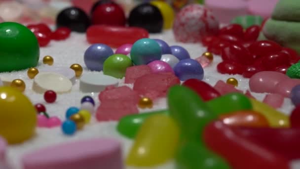 Multi Colored Candy Balls Icing Sugar Table Candy Sweets Background — Stock Video