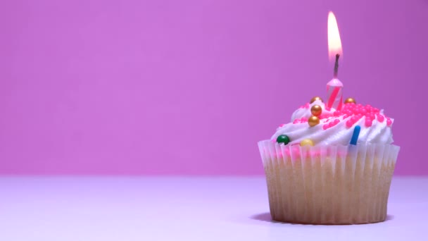 Cupcake Com Queima Vela Aniversário Único Açúcar Polvilha Cereja Fundo — Vídeo de Stock