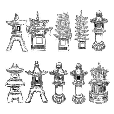 Japon pagoda simgeleri, Buda azizi mezarları ve sokak lambaları. Geleneksel Japonya tarzı. Asya feneri. Bahçe taşı lambası Toro. Tahtadan yapılmış mimar binası. Ruhani bir saçmalık. Hazır ol. Vektör.