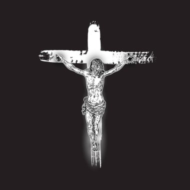 İsa Mesih 'in çarmıha gerilmesi elinde boyalı mürekkep fırçası haçı siyah arka planda. Hızlı vücut dövmesi. Hıristiyanlık duasının ve dinin sembolü. Manevi ve kutsal kavramları. Vektör.