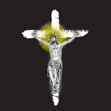 İsa 'nın çarmıha gerilmesi elinde boyalı mürekkep haçı siyah zemin üzerinde ışık ve ışık huzmeleri, azizin sembolü. Hızlı vücut dövmesi. Hıristiyanlık duasının ve dinin sembolü. Vektör.