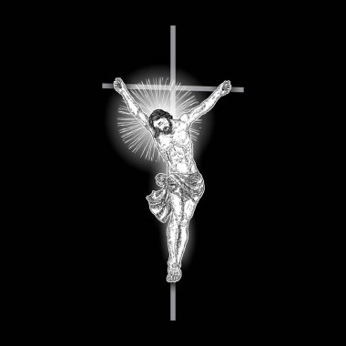 Çarmıha gerilmiş Yüce İsa, azizin sembolü halo ışığı ve kirişlerle. Haç çizimi. Siyah arkaplanda sanat dövmesi referans şablonu. Din gurur ve zafer. İyi Cuma Vektörü.