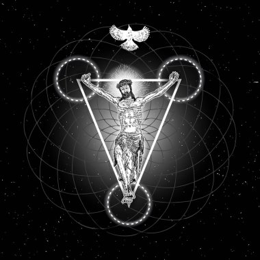 İsa Mesih, çarmıha gerilmenin kafasında kuş uçuşuyla modern yorumu. Kutsal ruhlu azizin sembolü. Haç çizimi. Sanat dövmesi göndermesi. Din gurur ve zafer. İyi Cuma Vektörü.