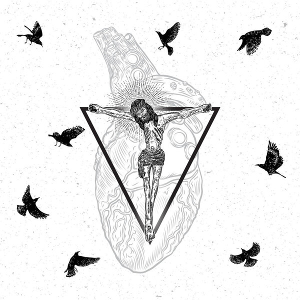 Иисус Христос на священной геометрической татуировке треугольника с серебряными лучами фона и священным сердцем. Вокруг летают птицы. Символ христианской молитвы, религии. Мистические духовные тайны. Вектор.