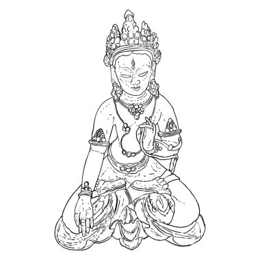 Oturan Buda nilüfer çiçeği pozu ve meditasyon yapıyor. Esrarengiz çizimler. Hint ruhani öğretmeni, Budizm dini lideri. Yoga zen kulüp tasarımı. Purnima ve Mutlu Vesak Günü örnekleme unsurları. Vektör.