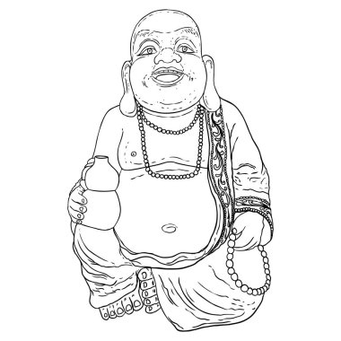 Hotei Mutlu Gülen Buda. Japon mitolojisi Şans Tanrısı. Geleneksel Asya Feng Shui tılsımı Budist keşiş Budai. Vektör.