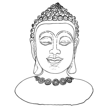 Buda kafası çizimi. Hinduizm ve Budizm maneviyat ve aydınlanma. Buda portresi, Hint ruhani öğretmeni ve dini lider. Purnima ve Mutlu Vesak Günü örnekleme unsurları. Vektör. 