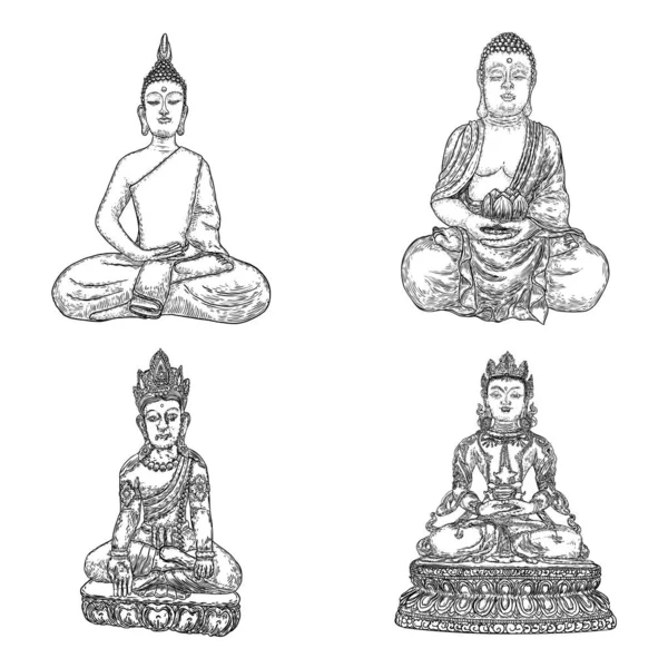 Buddha Meditationsset Und Buddha Porträts Zeichnungen Zum Vesak Purnima Tag — Stockvektor