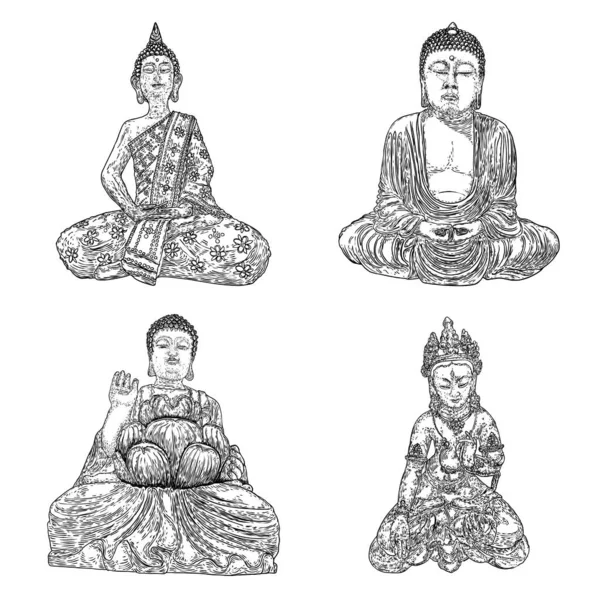 Buddha Meditationsset Und Buddha Porträts Zeichnungen Zum Vesak Purnima Tag — Stockvektor