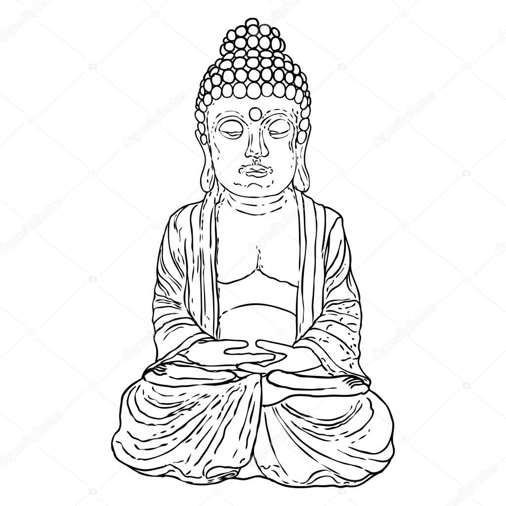 Buddha meditation and portrait. Drawing for Vesak Purnima day, traditional Buddhists holiday for Hindus. The festival of birth, enlightenment, and death of Buddha. Vector.