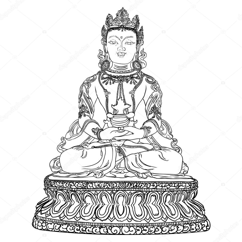 Sitting Buddha in lotus pose and meditating. Esoteric drawing. Indian spiritual teacher, Buddhism religious leader. Yoga zen club design. Purnima and Happy Vesak Day illustration elements. Vector.